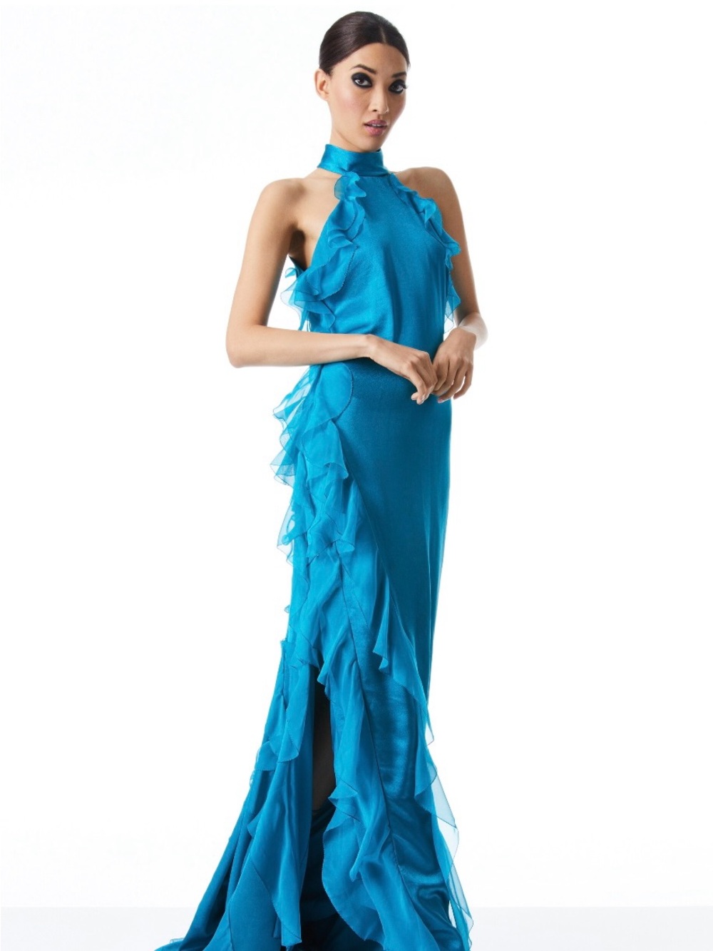 Alice + Olivia Amaris Ruffle Halter Neck Gown in Turkish Blue (new & unworn)